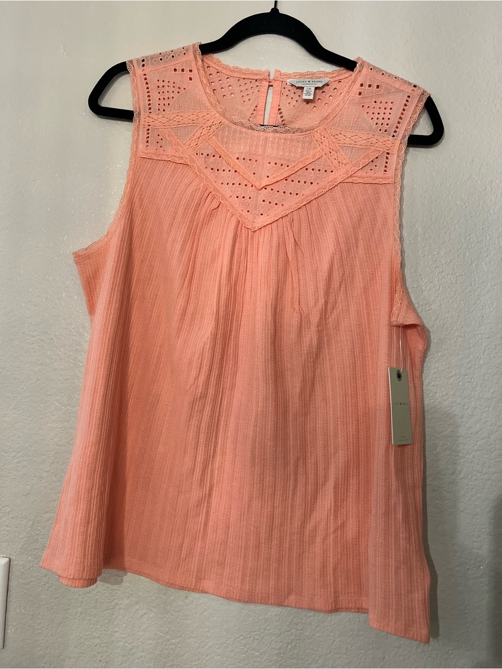 Lucky Brand Coral Peach Eyelet Yoke Sleeveless Top